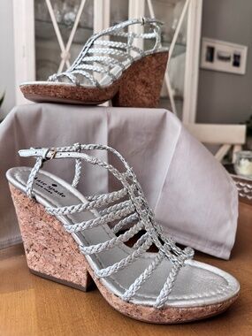 Kate Spade Silver Braided Cage Style Wedge Heel Sandal